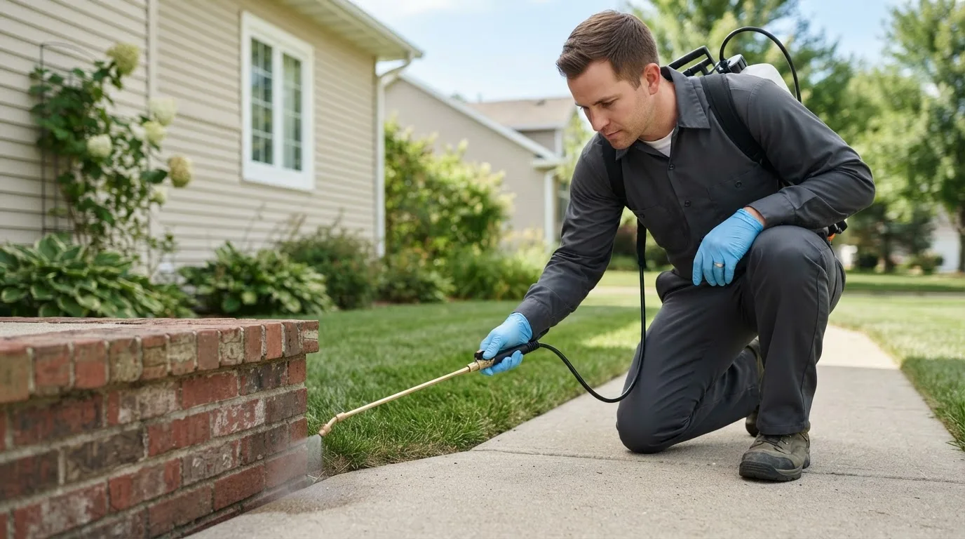 Pest control technician treating a home near Powderville, MT