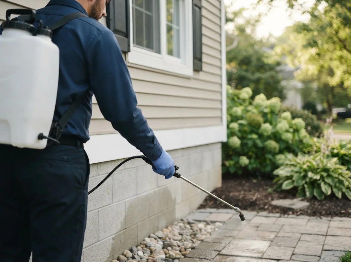 Pest control technician inspecting a home in Powderville, MT